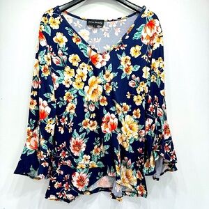 Inner Beauty Navy With Bold Floral Print Bell Ruffle Sleeve Top Size Large NEW